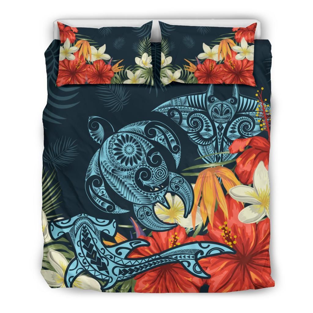Hawaii Turtle Shark Manta Ray Hibiscus Plumeria Bedding Set