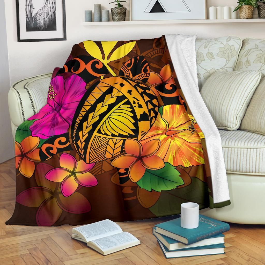 Hawaii Turtle Tribal Map Hibiscus Sherpa Fleece Blanket