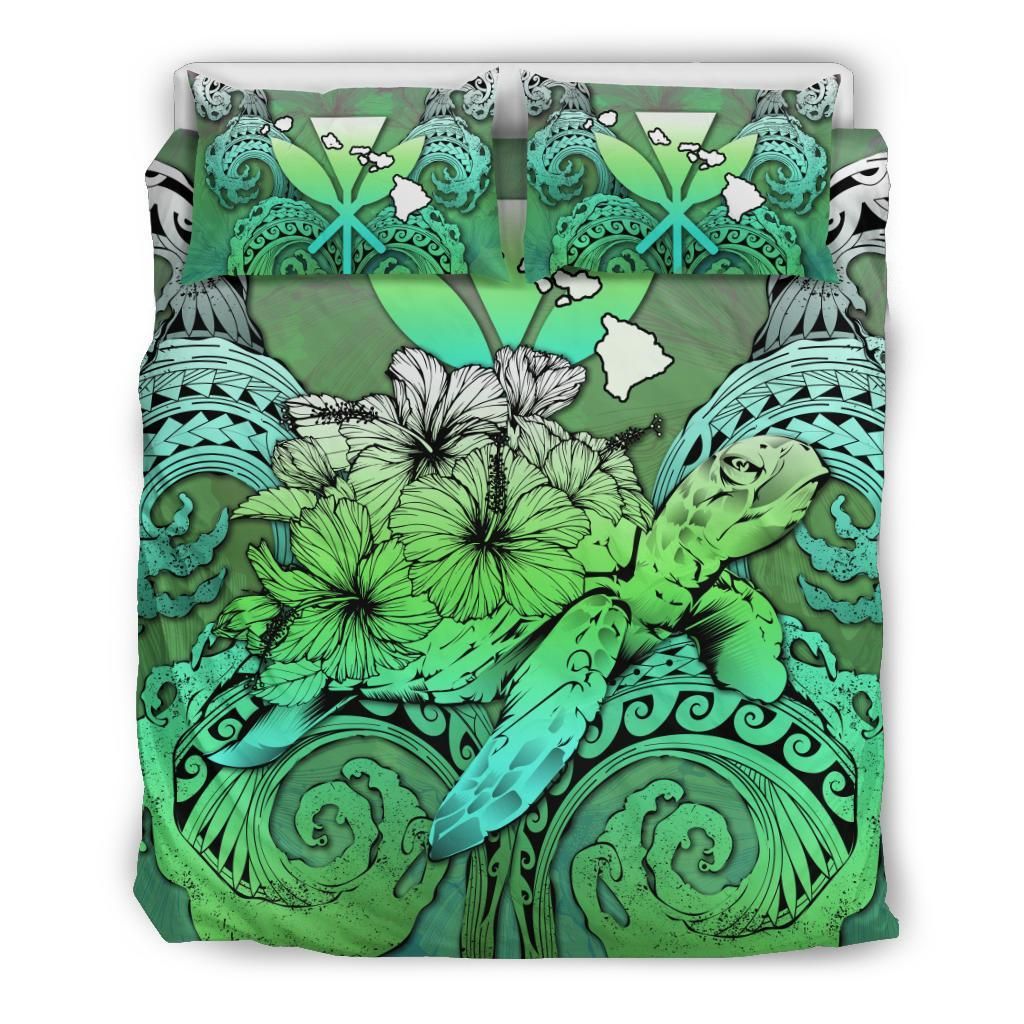 Hawaii Turtle Wave Polynesian Hey Style Green Bedding Set