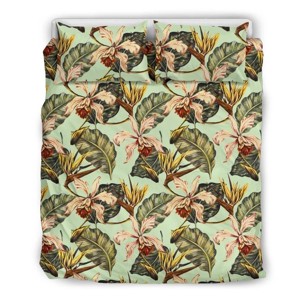 Hawaii Vintage Tropical  Jungle Leaves Orchid Bird  Bedding Set