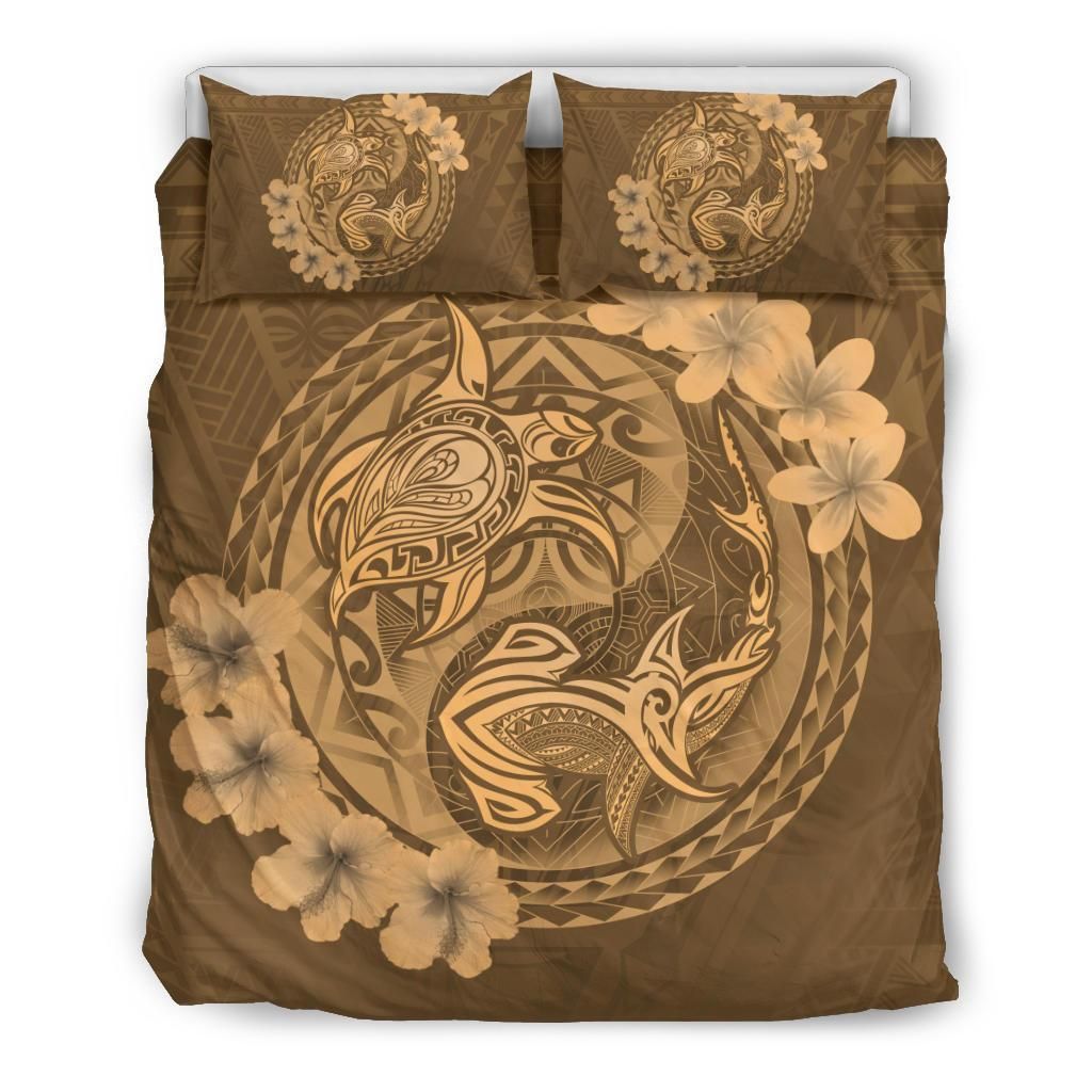 Hawaii Yin Yang Turtle Shark Hibiscus Plumeria Gold Bedding Set