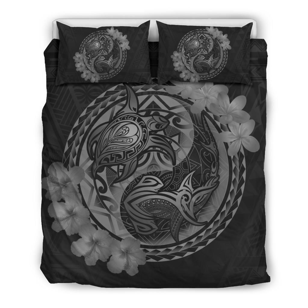 Hawaii Yin Yang Turtle Shark Hibiscus Plumeria Grey Bedding Set