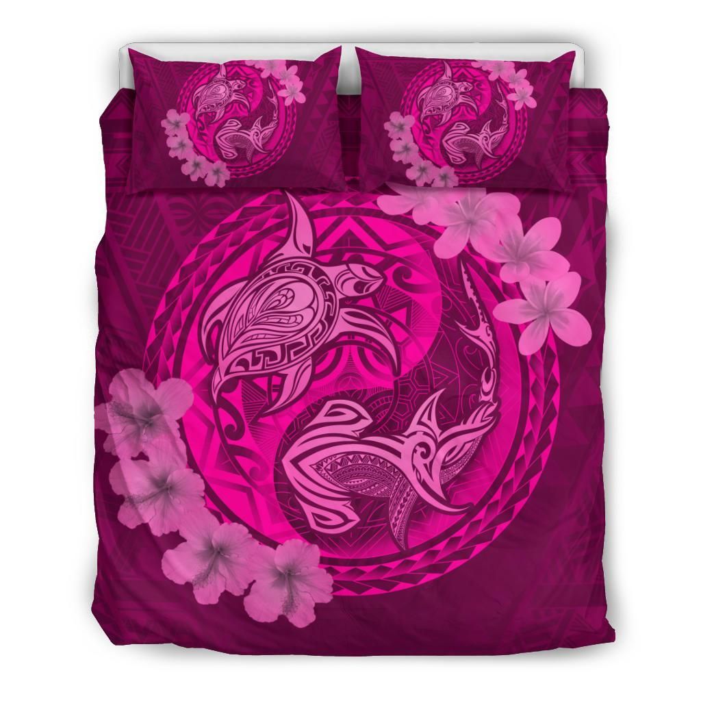 Hawaii Yin Yang Turtle Shark Hibiscus Plumeria Pink Bedding Set