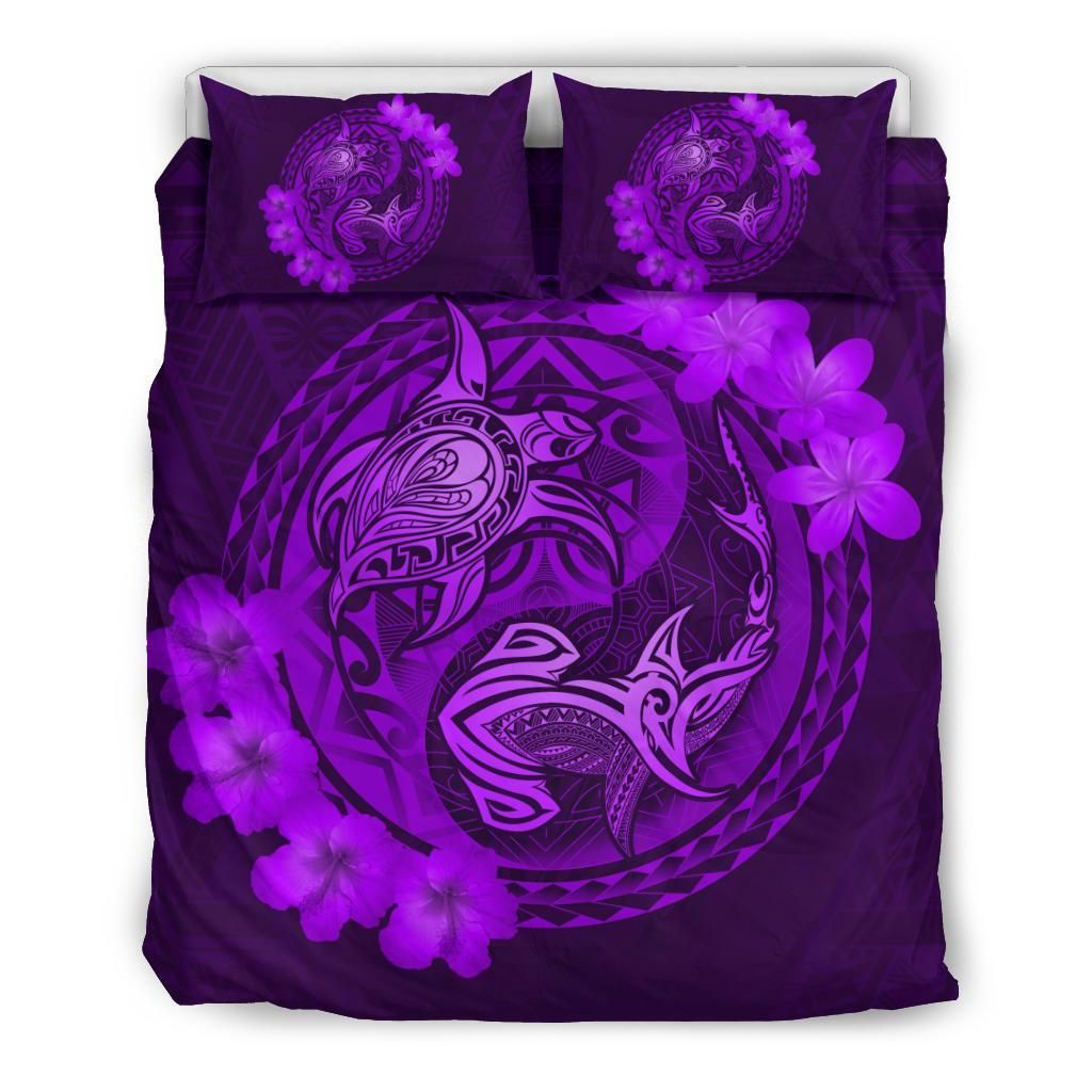 Hawaii Yin Yang Turtle Shark Hibiscus Plumeria Purple Bedding Set