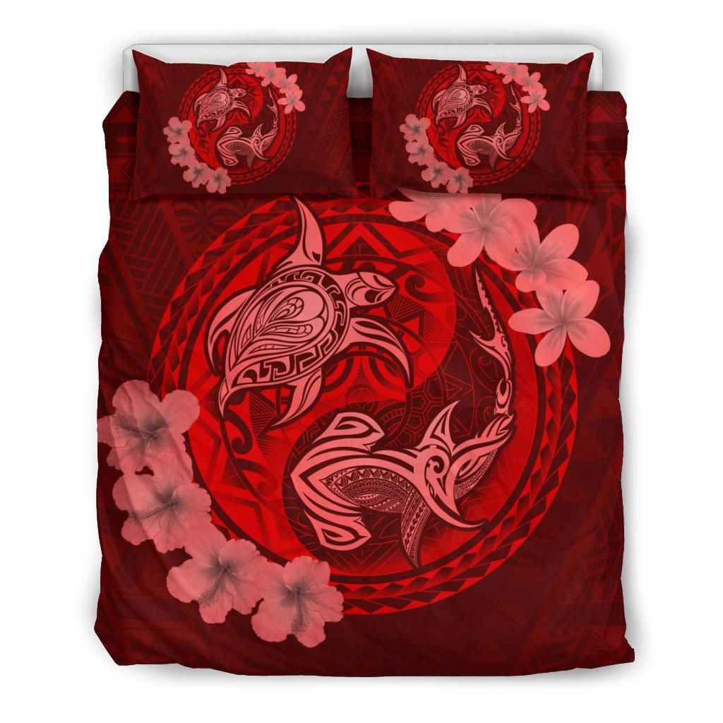 Hawaii Yin Yang Turtle Shark Hibiscus Plumeria Red Bedding Set