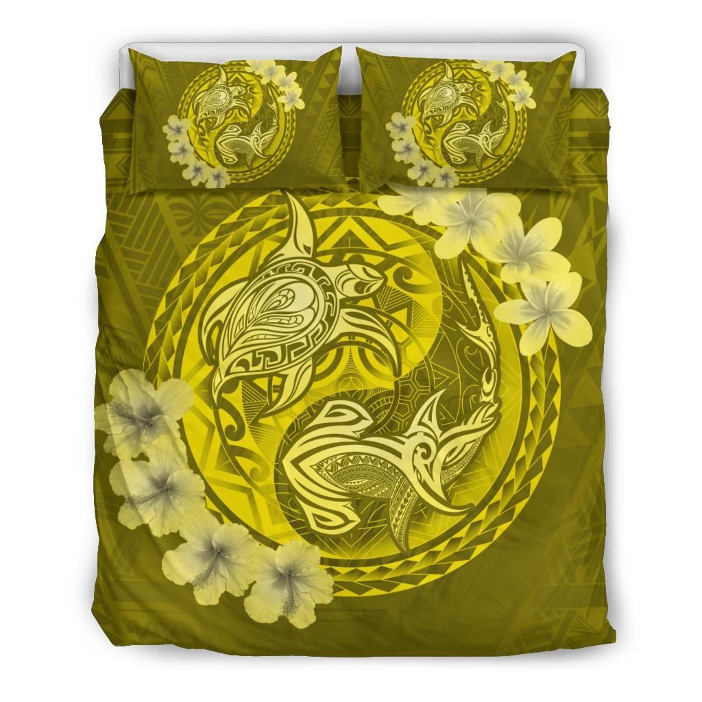 Hawaii Yin Yang Turtle Shark Hibiscus Plumeria Yellow Bedding Set