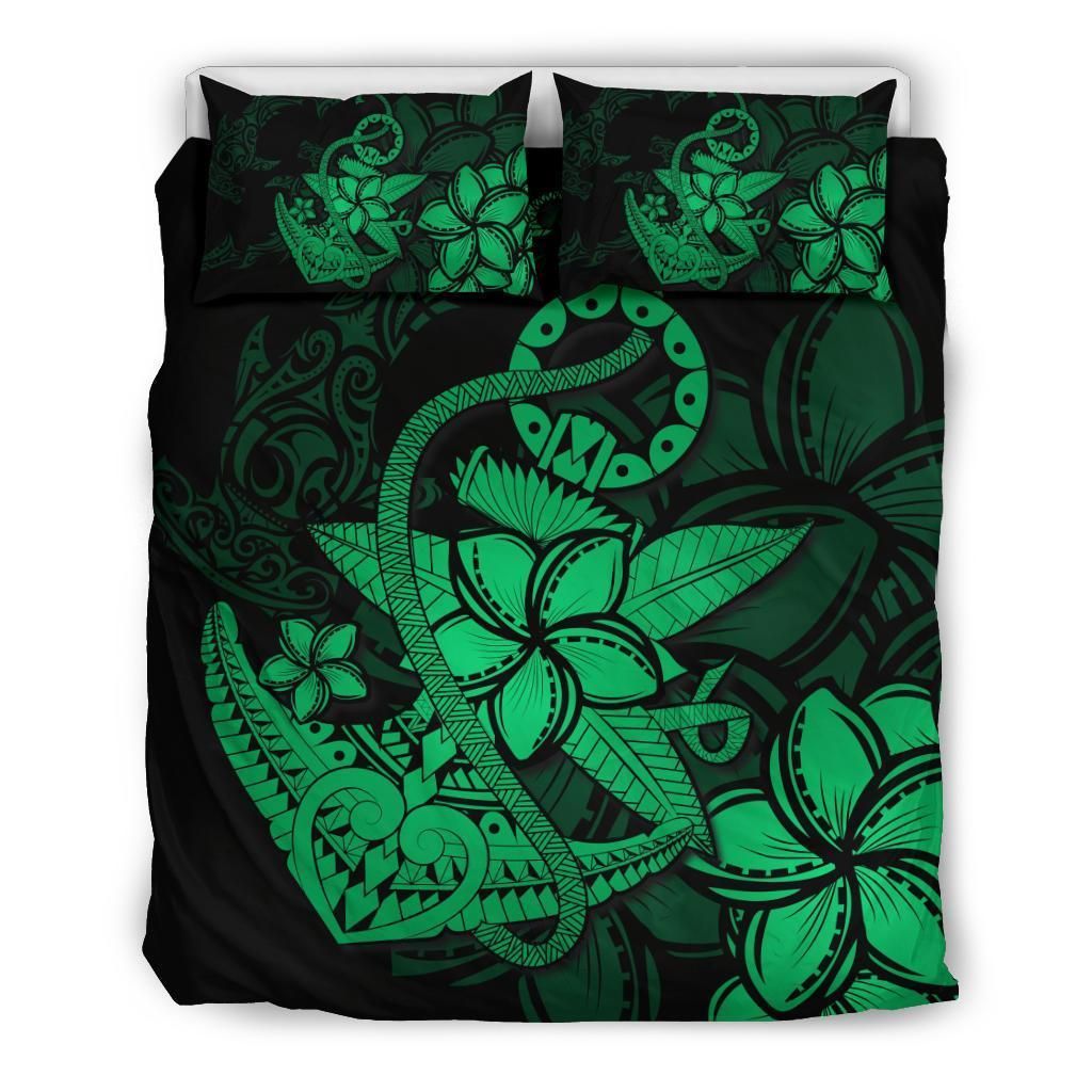 Hawaiian Anchor Plumeria Hammerhead Shark Polynesian Green Bedding Set