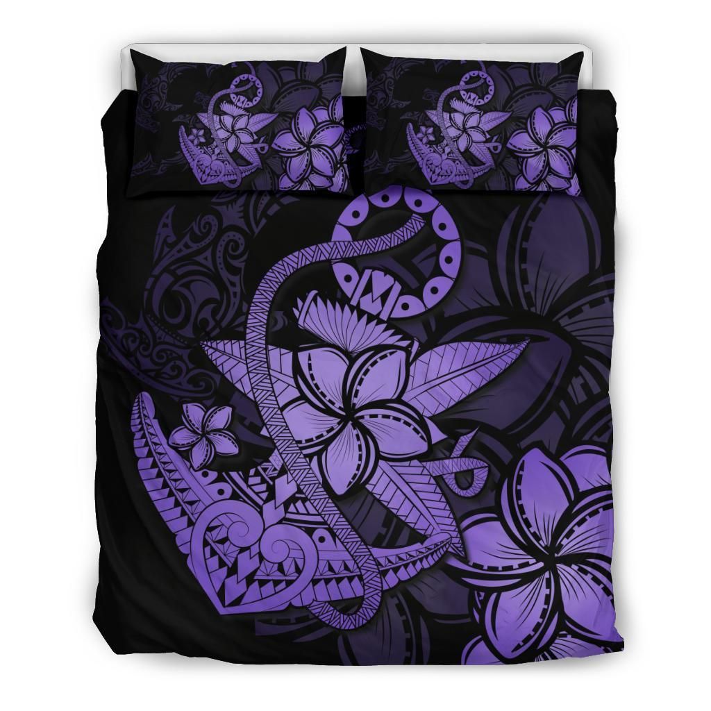 Hawaiian Anchor Plumeria Hammerhead Shark Polynesian Purple Bedding Set