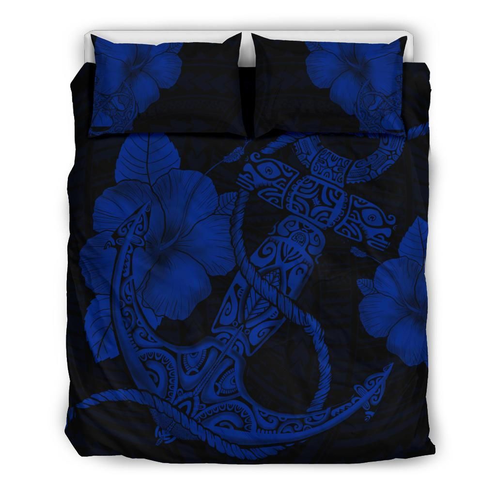 Hawaiian Anchor Poly Tribal Hibiscus Polynesian Blue Bedding Set