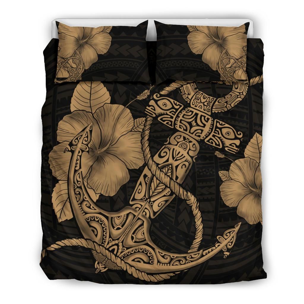 Hawaiian Anchor Poly Tribal Hibiscus Polynesian Gold Bedding Set
