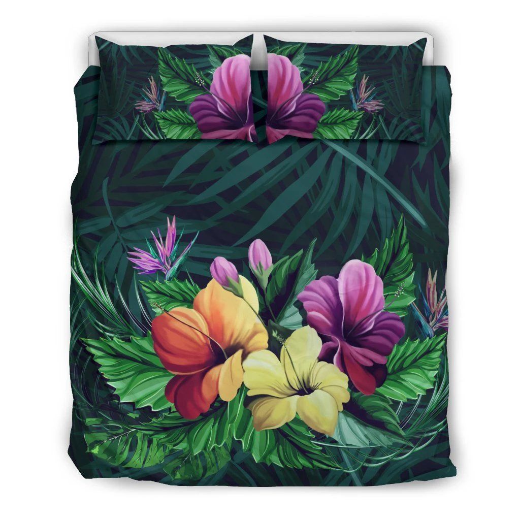 Hawaiian Bird Of Paradise Hibiscus Palm Leaves Polynesian Bedding Set