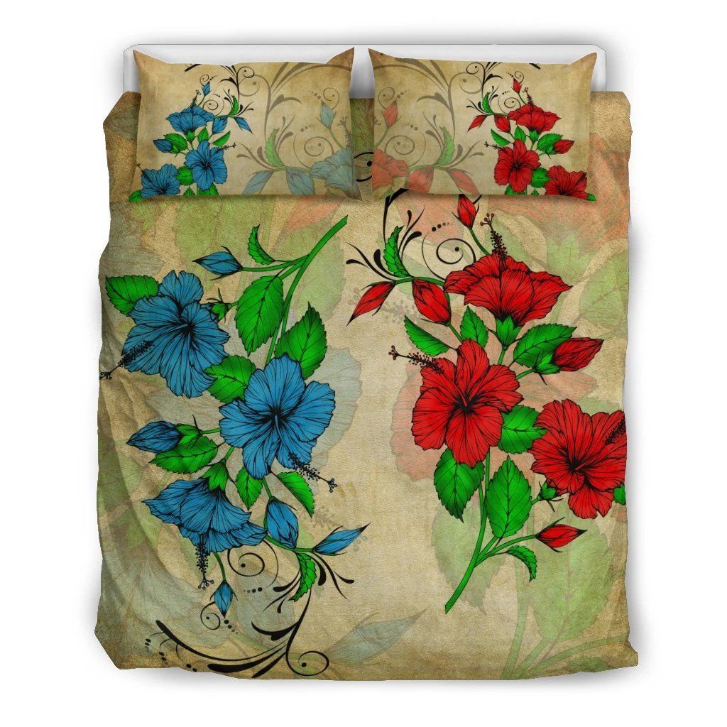 Hawaiian Blue And Red Hibiscus Polynesian Bedding Set
