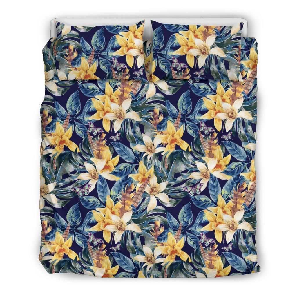 Hawaiian Butterfly Tropical Vintage Floral Monstera Orchids Polynesian Bedding Set