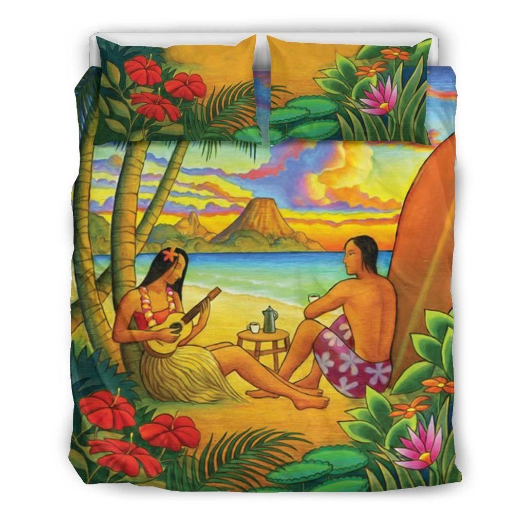 Hawaiian Couple Sing A Song On Beach Sunset Bedding Set