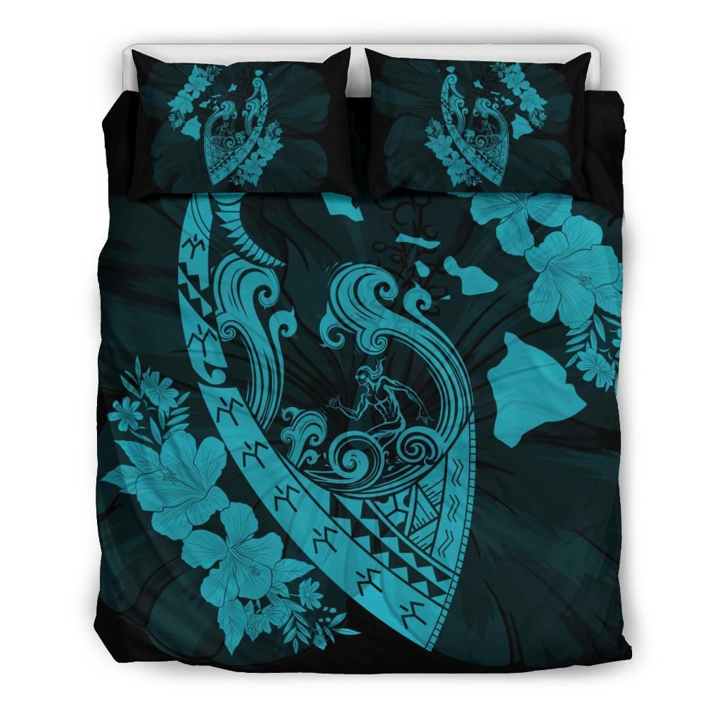 Hawaiian Fish Hook Hibiscus Banzai Surfing Polynesian Blue Bedding Set