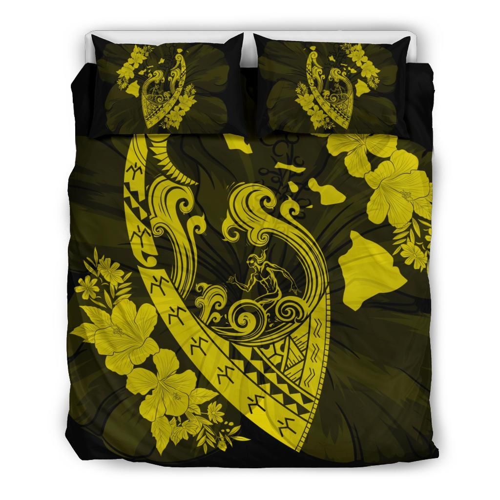 Hawaiian Fish Hook Hibiscus Banzai Surfing Polynesian Yellow Bedding Set