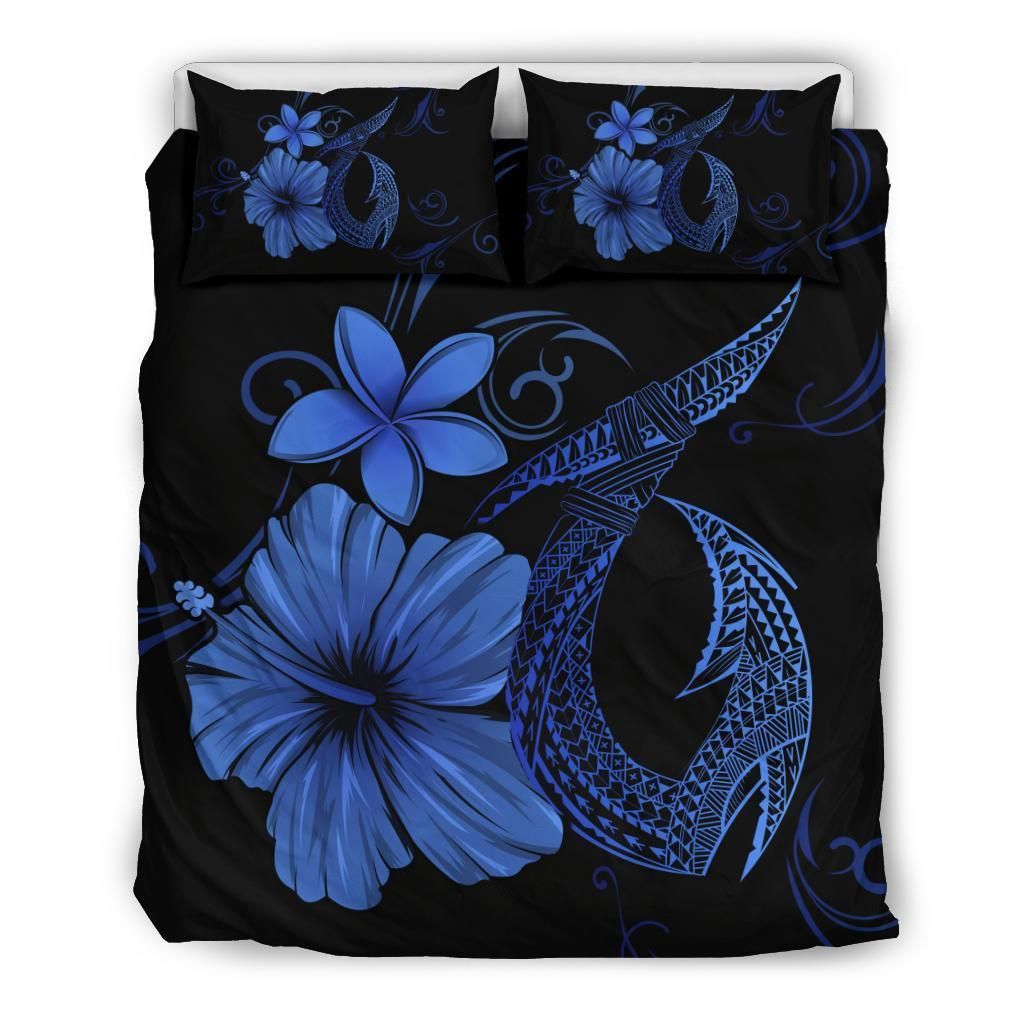 Hawaiian Fish Hook Hibiscus Plumeria Polynesian Blue Bedding Set