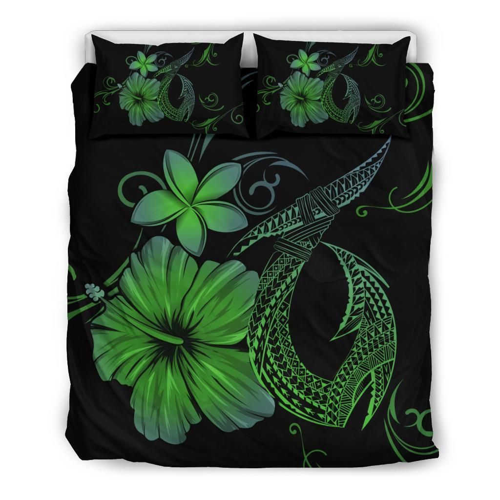 Hawaiian Fish Hook Hibiscus Plumeria Polynesian Green Bedding Set