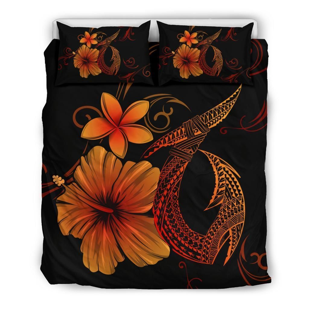 Hawaiian Fish Hook Hibiscus Plumeria Polynesian Orange Bedding Set