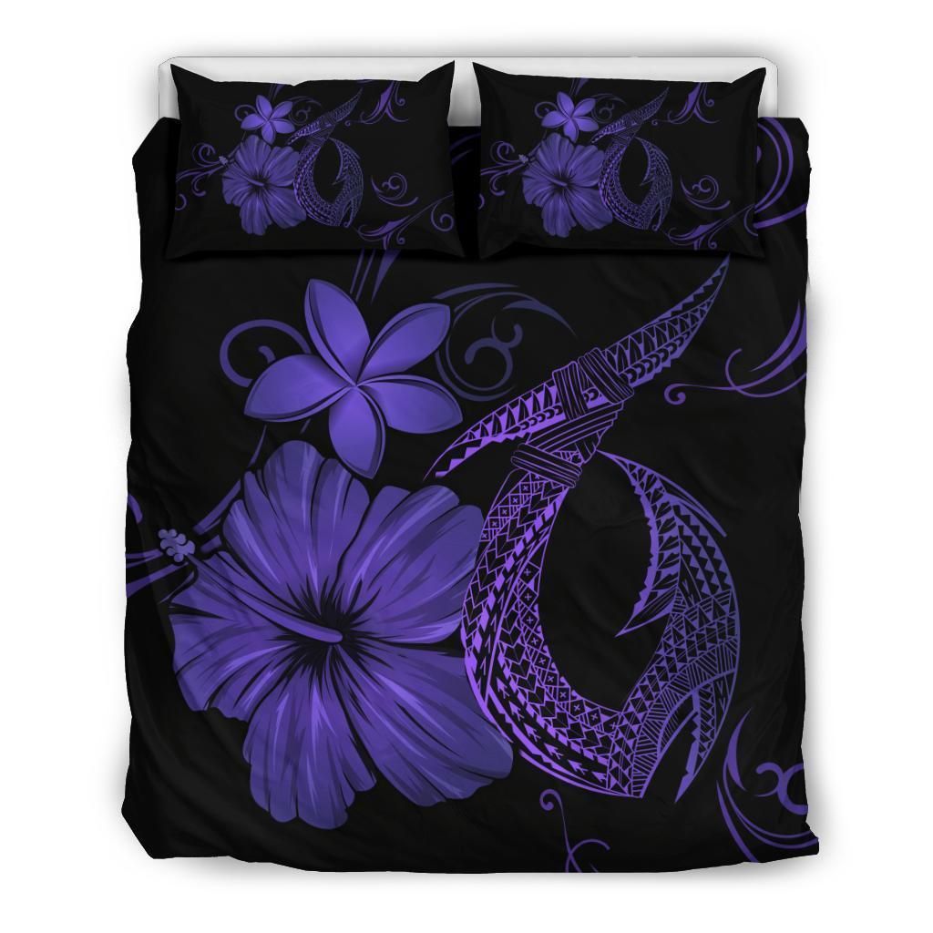 Hawaiian Fish Hook Hibiscus Plumeria Polynesian Purple Bedding Set