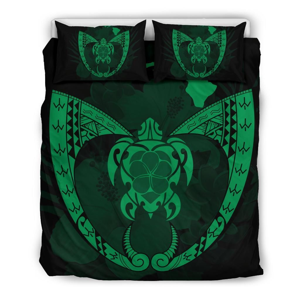 Hawaiian Fish Hook Turtle Heart Polynesian Green Bedding Set