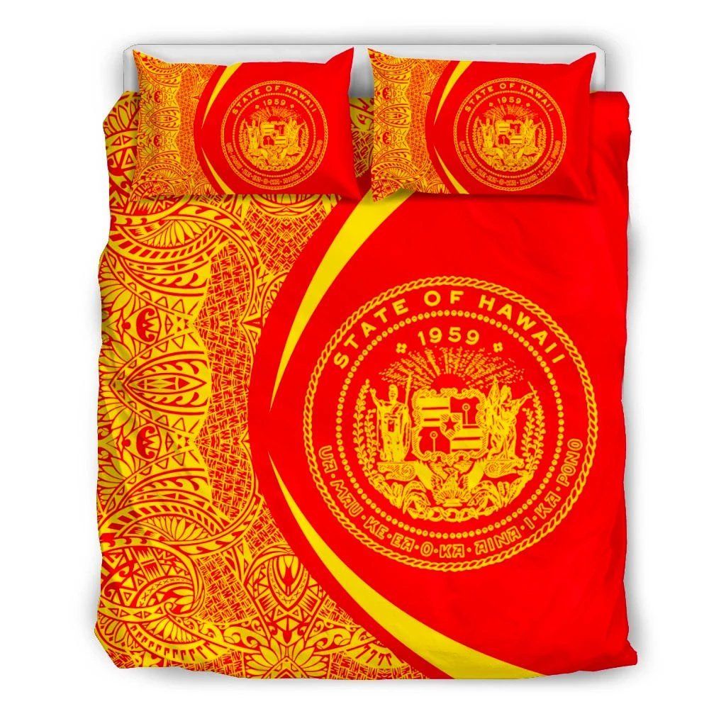 Hawaiian Flag Coat Of Arms Polynesian Circle Style Red And Yellow Bedding Set