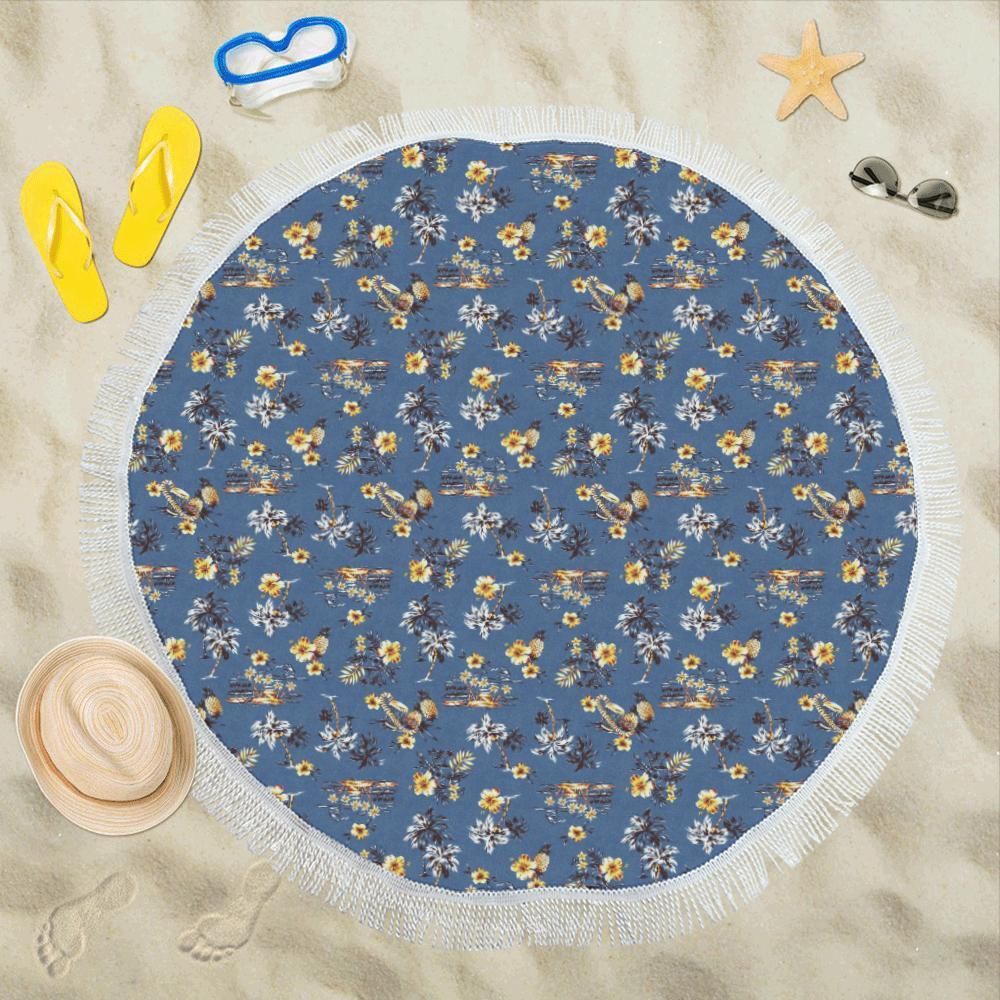 Hawaiian Flower Blue Pattern Printed Round Beach Towel