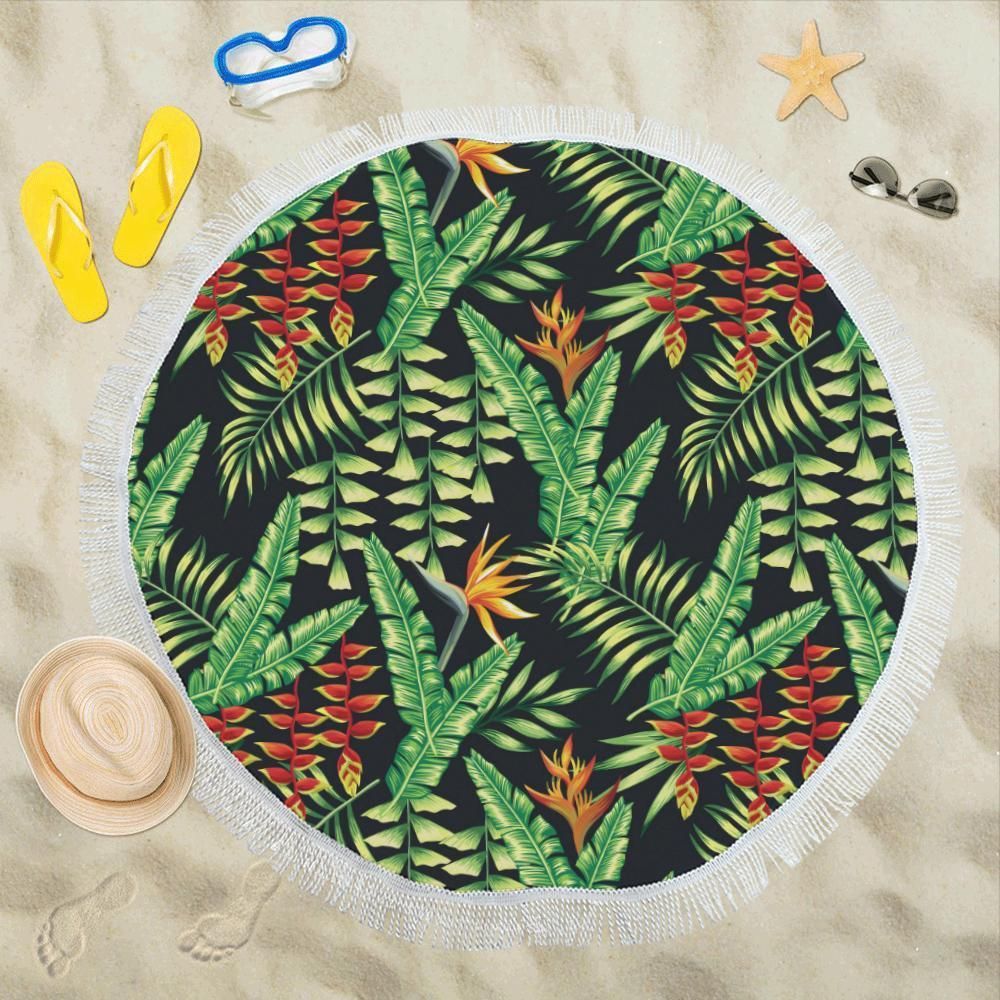 Hawaiian Flower Tropical Palm Leaves Round Beach Towel