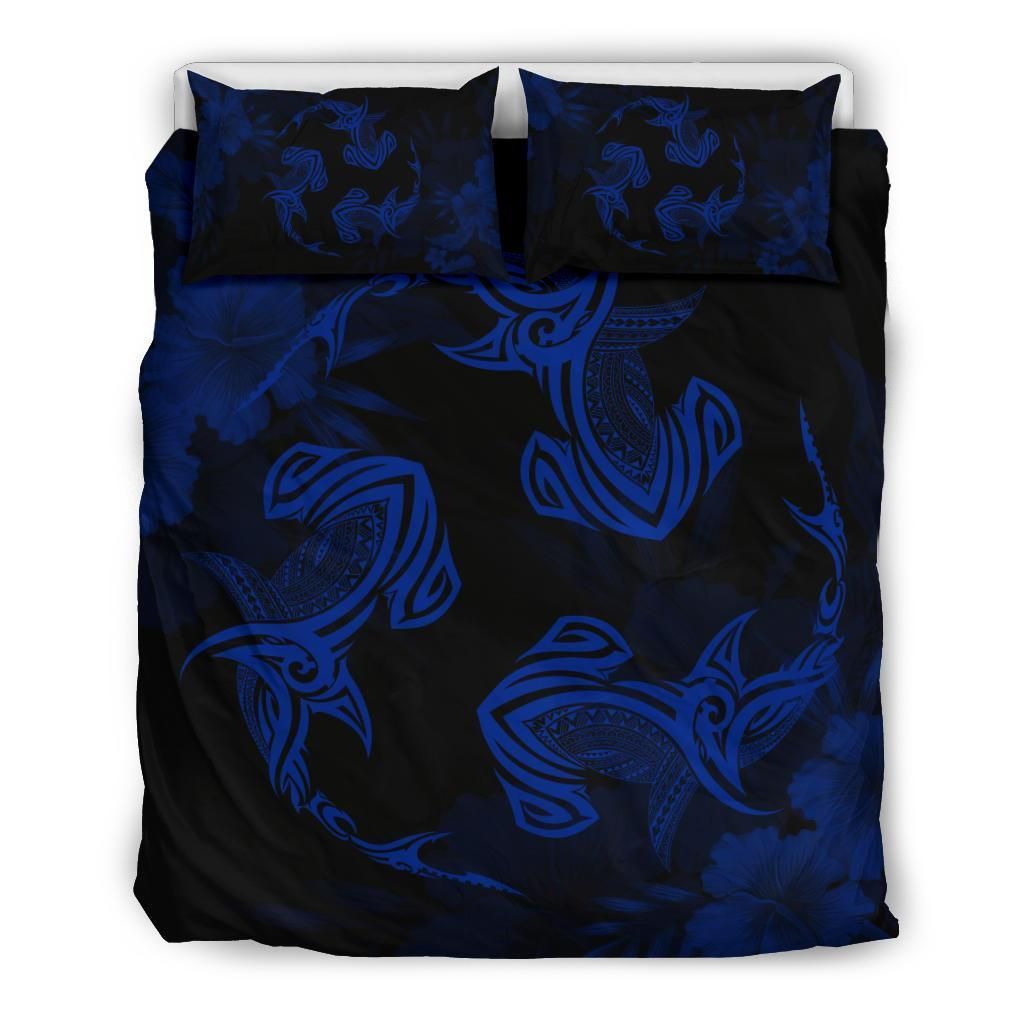 Hawaiian Hammerhead Shark Hibiscus Blue Polynesian Bedding Set