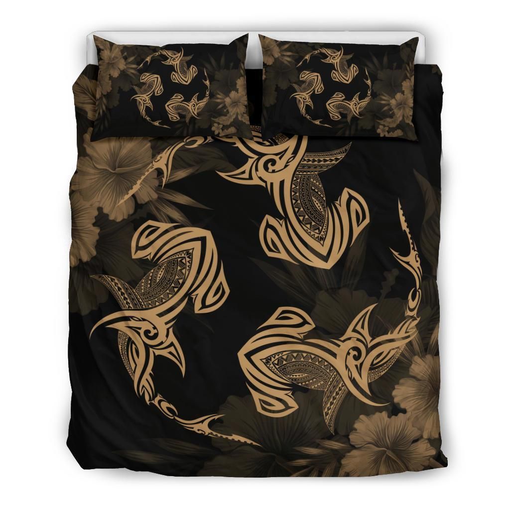 Hawaiian Hammerhead Shark Hibiscus Gold Polynesian Bedding Set