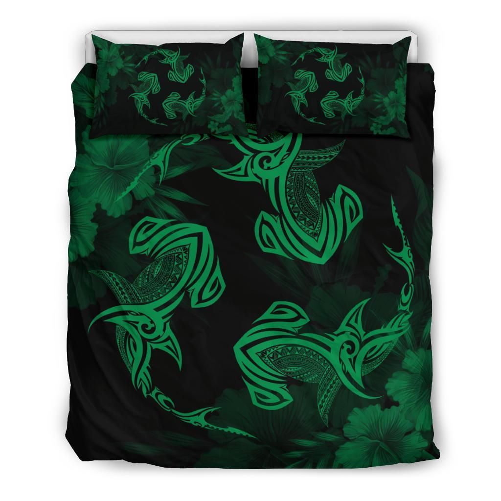 Hawaiian Hammerhead Shark Hibiscus Green Bedding Set