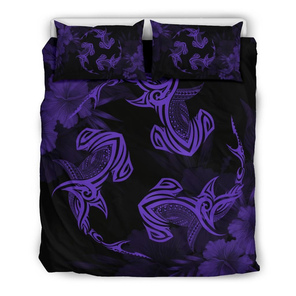 Hawaiian Hammerhead Shark Hibiscus Purple Polynesian Purple Bedding Set