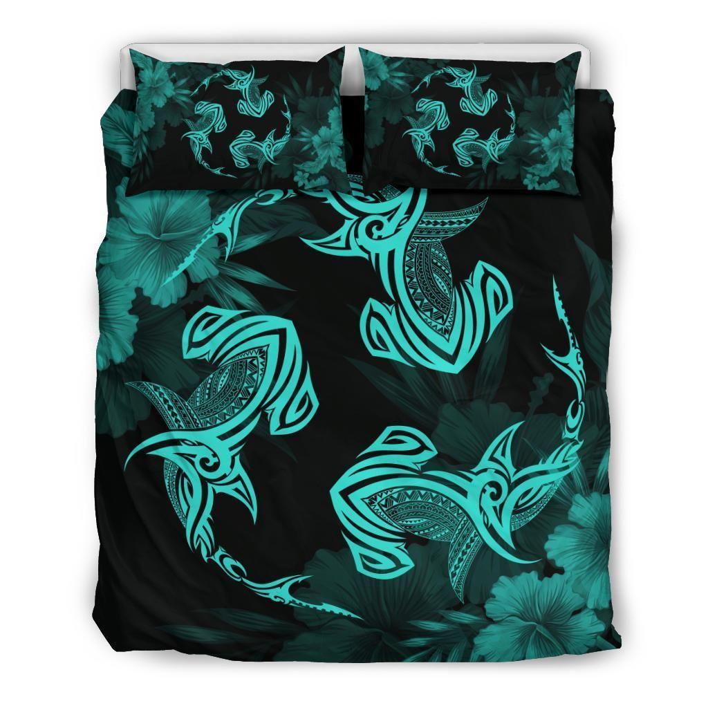 Hawaiian Hammerhead Shark Hibiscus Turquoise Polynesian Bedding Set
