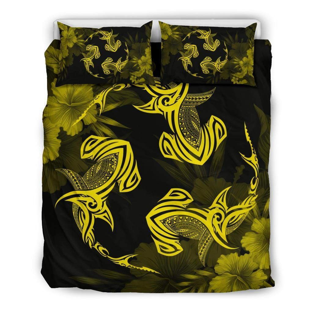 Hawaiian Hammerhead Shark Hibiscus Yellow Polynesian Bedding Set