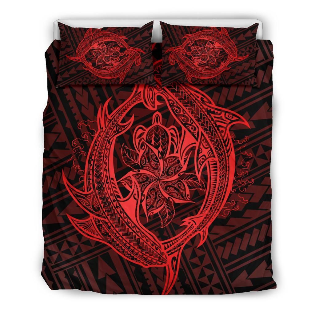 Hawaiian Hammerhead Shark Yin Yang Plumeria Polynesian Red Bedding Set