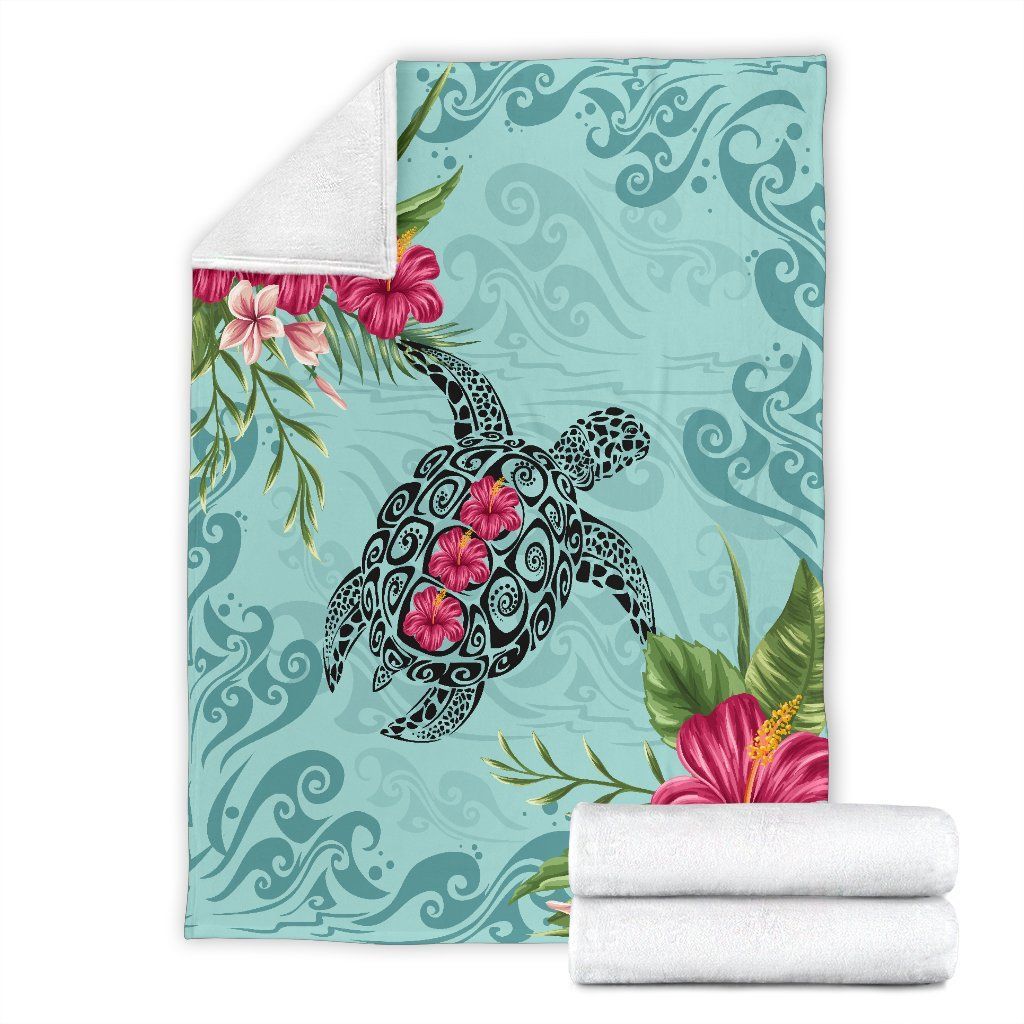 Hawaiian Hibiscus And Turtle Sherpa Fleece Blanket