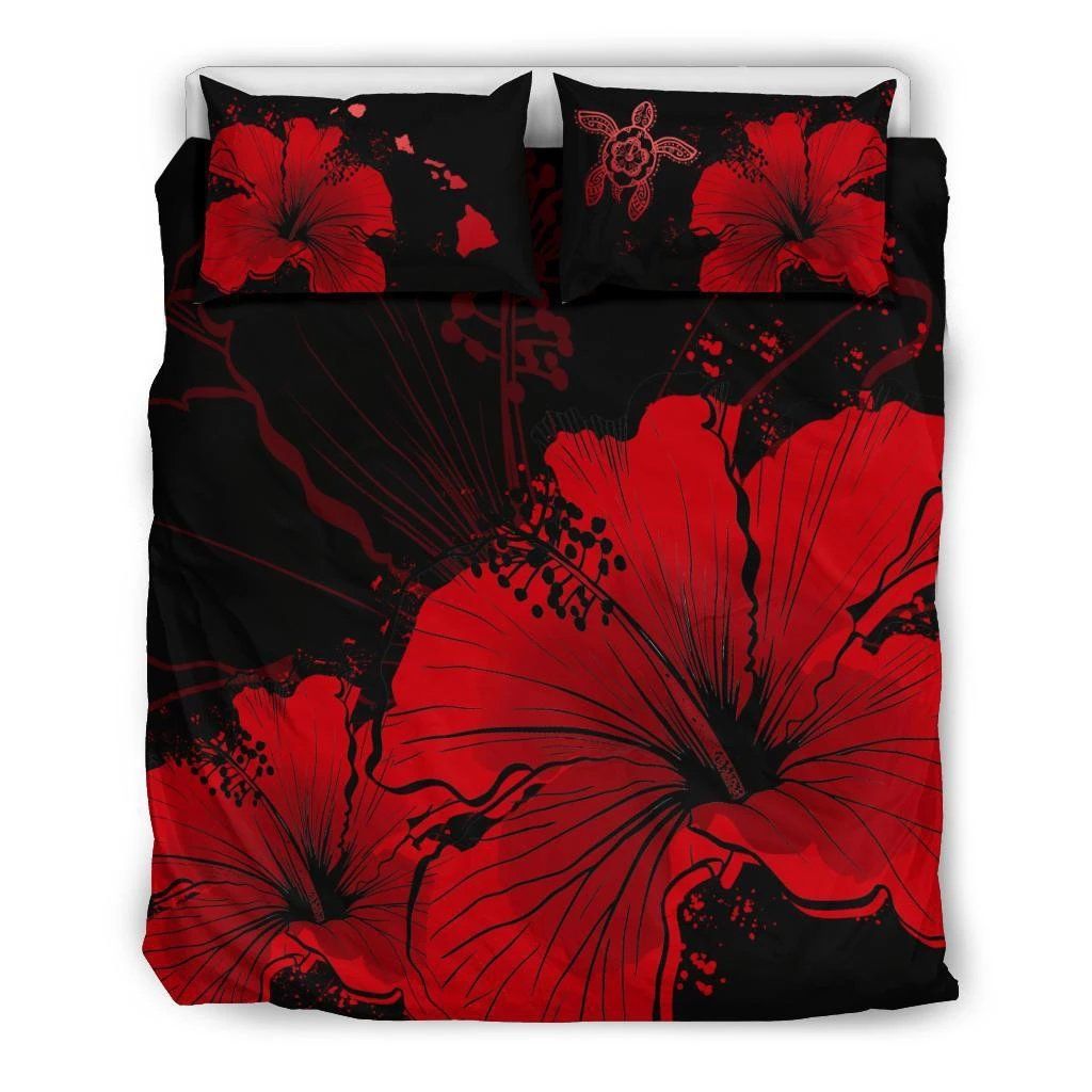 Hawaiian Hibiscus Black And Red Bedding Set
