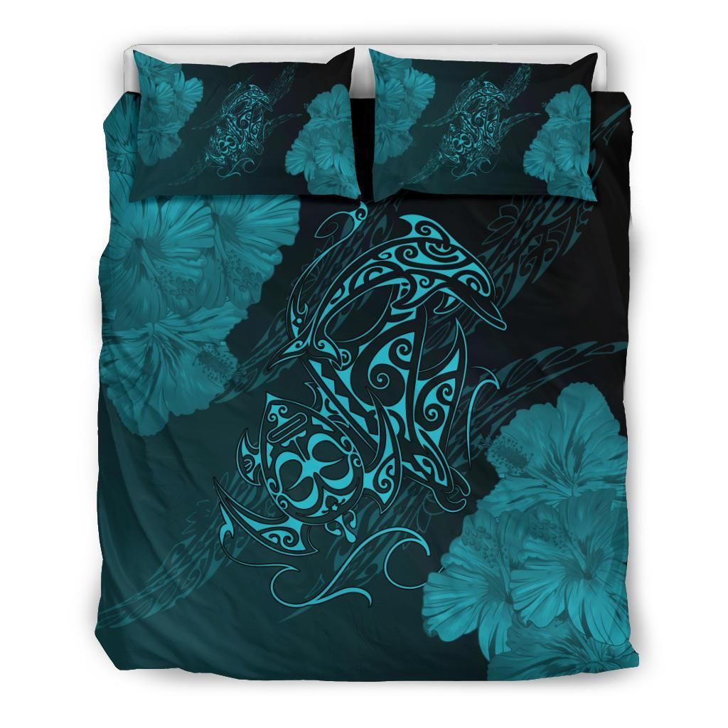 Hawaiian Hibiscus Dolphin Manta Ray Turtle Polynesian Waves Blue Bedding Set