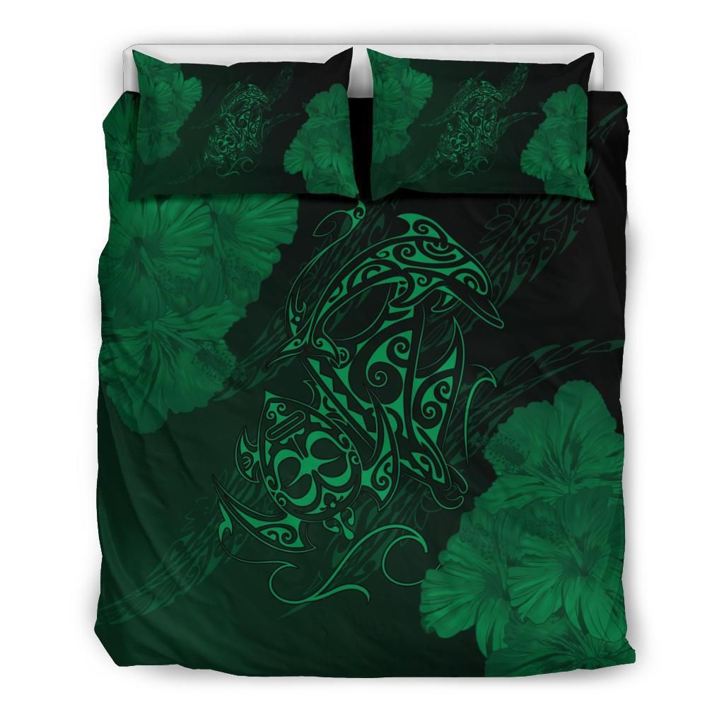 Hawaiian Hibiscus Dolphin Manta Ray Turtle Polynesian Waves Green Bedding Set