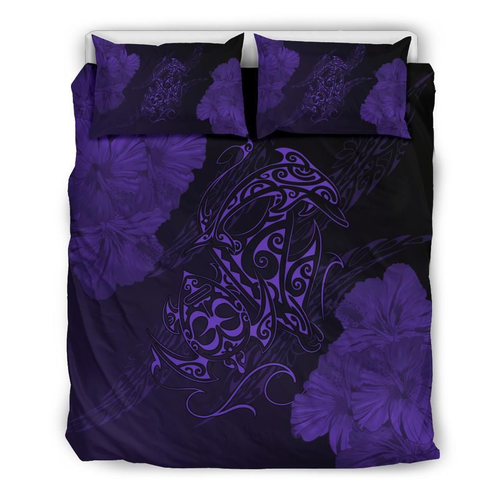 Hawaiian Hibiscus Dolphin Manta Ray Turtle Polynesian Waves Purple Bedding Set