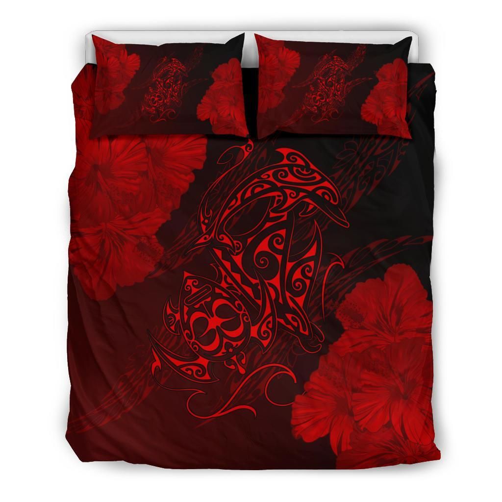 Hawaiian Hibiscus Dolphin Manta Ray Turtle Polynesian Waves Red Bedding Set