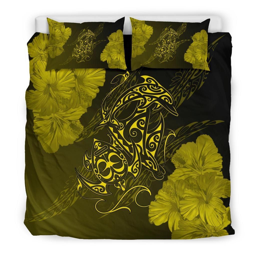 Hawaiian Hibiscus Dolphin Manta Ray Turtle Polynesian Waves Yellow Bedding Set