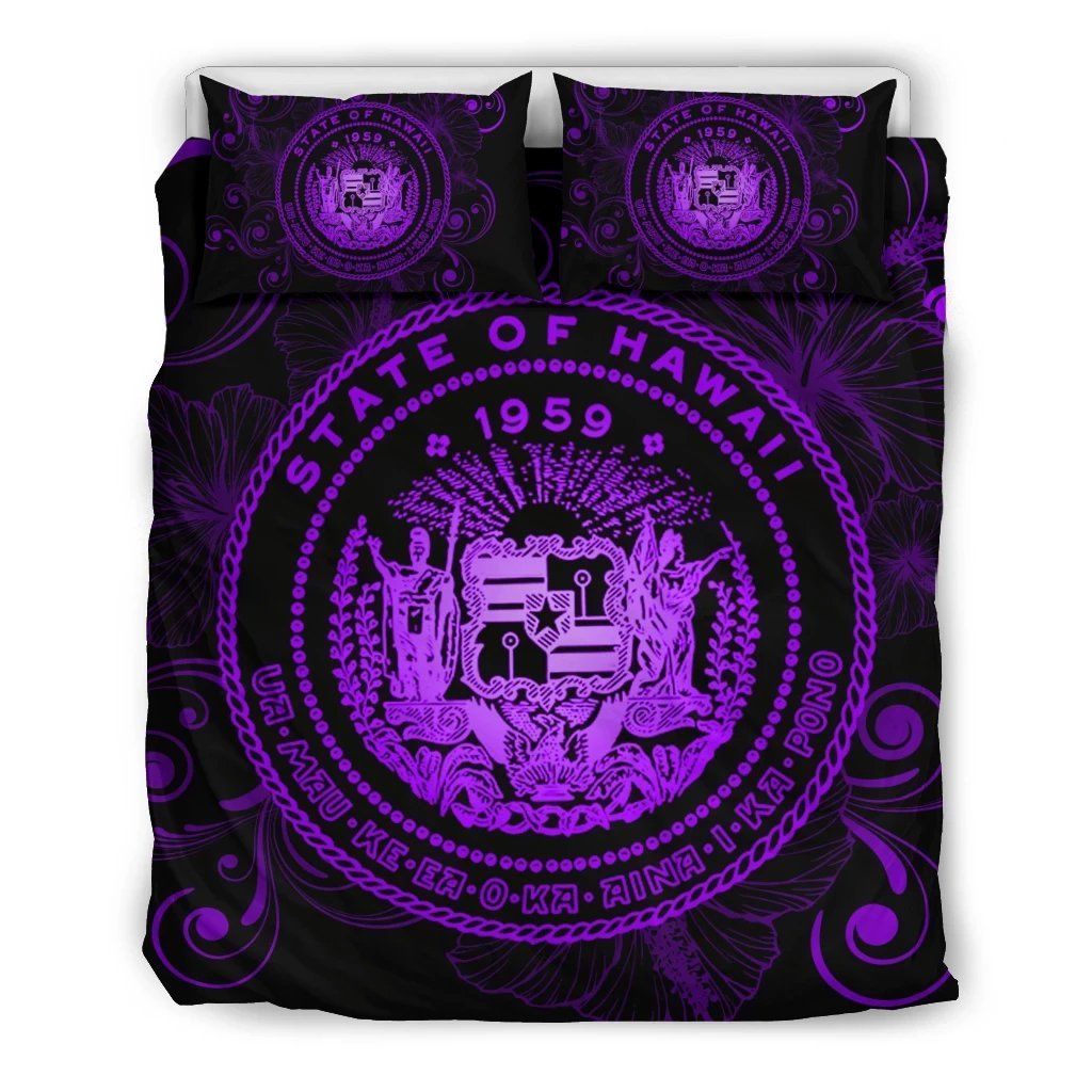 Hawaiian Hibiscus Flag Coat Of Arms Polynesia Violet Royal Style Bedding Set