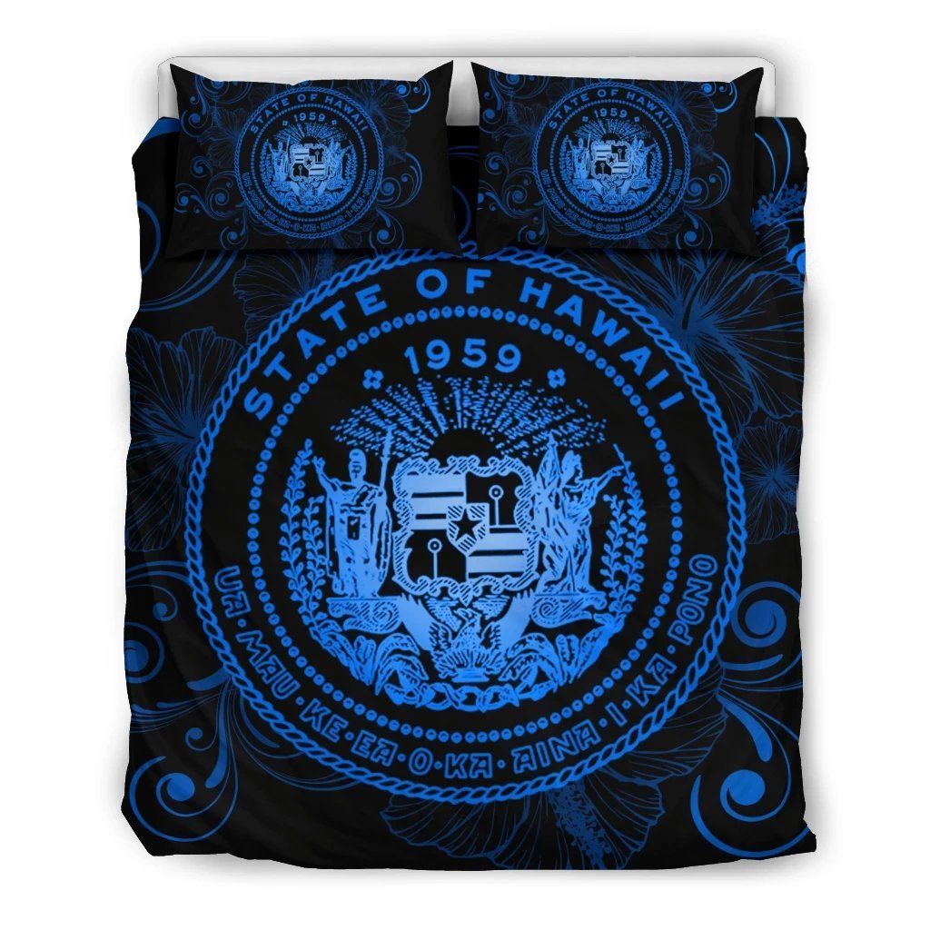 Hawaiian Hibiscus Flag Coat Of Arms Polynesian Blue Bedding Set