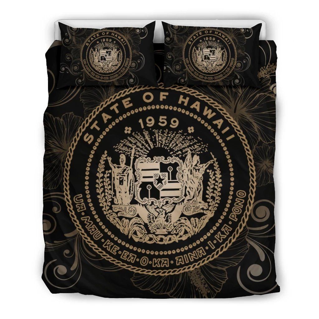 Hawaiian Hibiscus Flag Coat Of Arms Polynesian Gold Royal Style Bedding Set