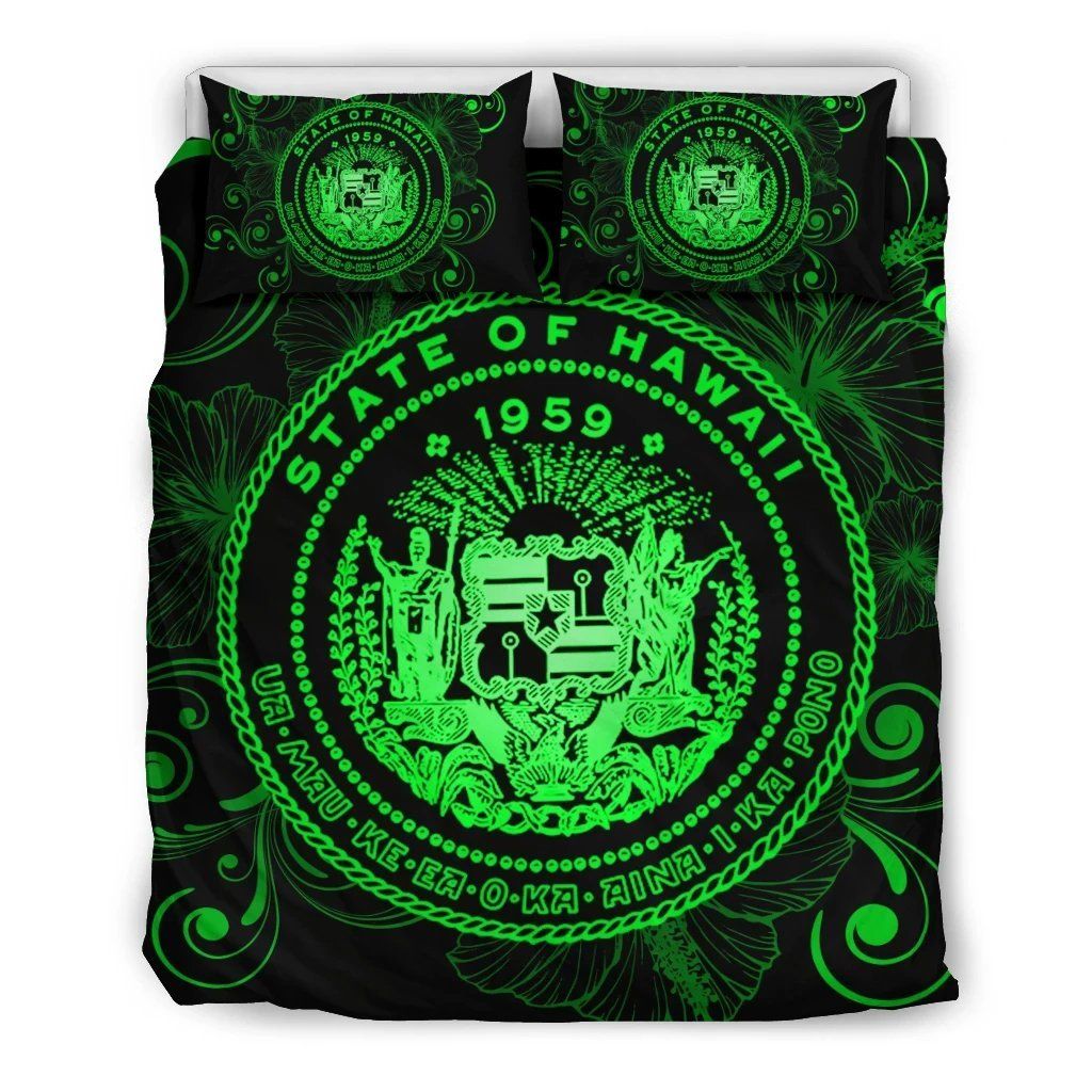 Hawaiian Hibiscus Flag Coat Of Arms Polynesian Green Royal Style Bedding Set