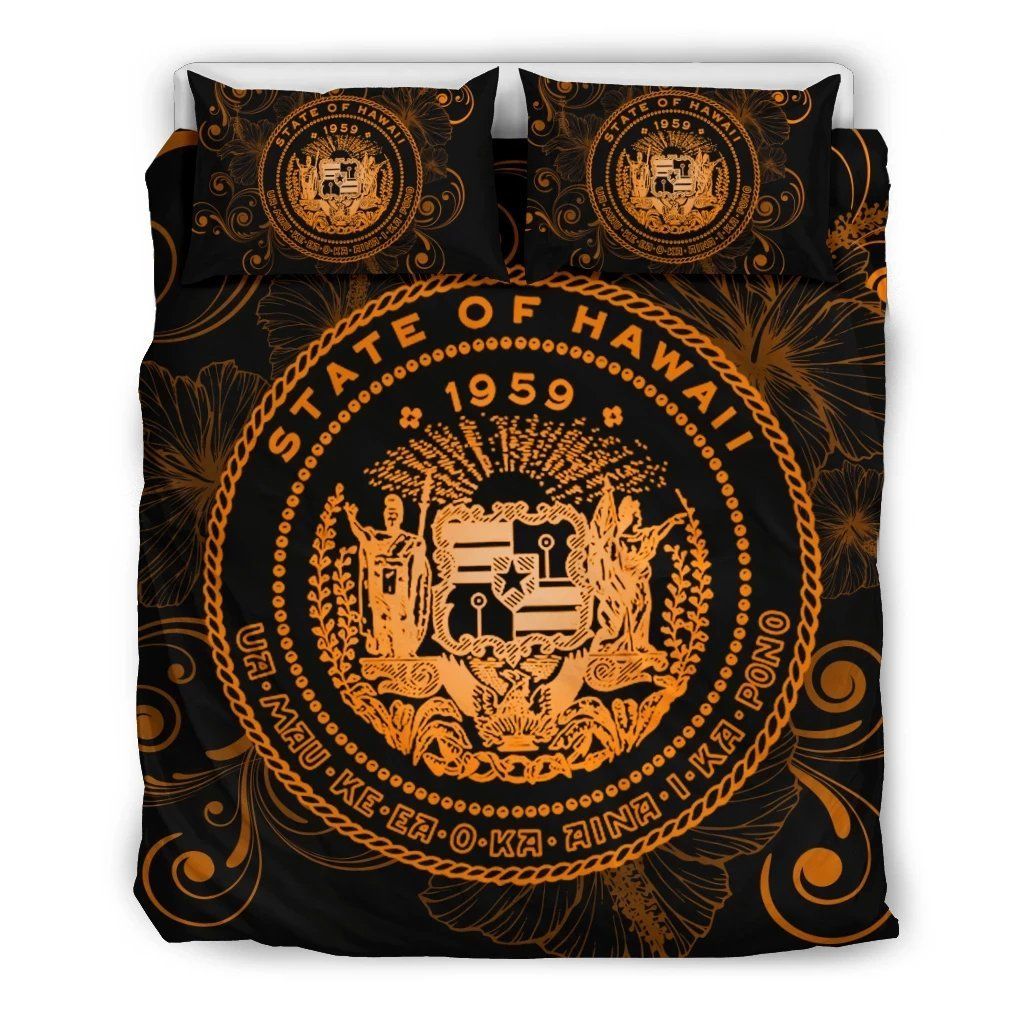 Hawaiian Hibiscus Flag Coat Of Arms Polynesian Orange Royal Style Bedding Set