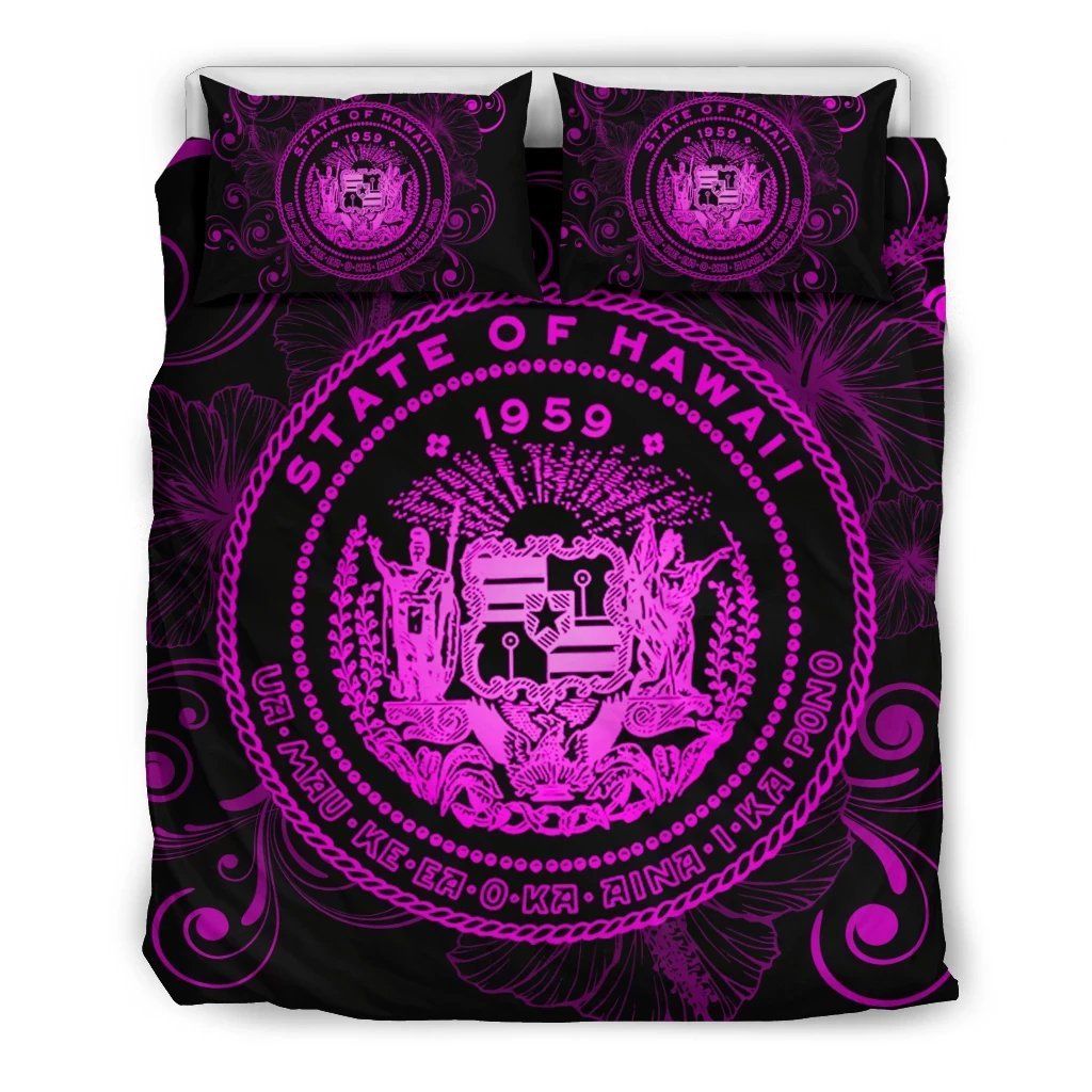 Hawaiian Hibiscus Flag Coat Of Arms Polynesian Pink Royal Style Bedding Set