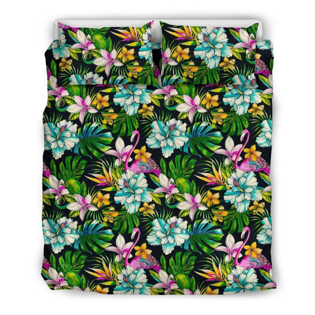 Hawaiian Hibiscus Flomingos And Tropical Flowers Polynesian Bedding Set