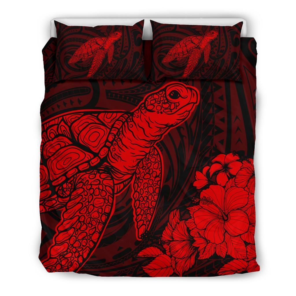 Hawaiian Hibiscus Memory Turtle Polynesian Red Bedding Set